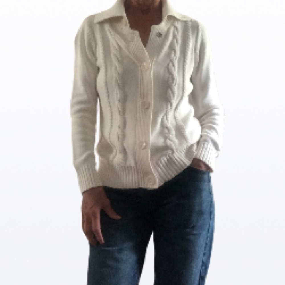 Vintage Cable Knit Cream Soft Cotton Blend Eclectic Grandpa Cardigan Size M